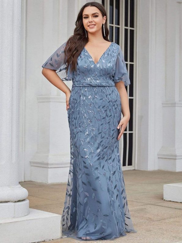 Fashion Plus Size V Neck Mermaid Sequin & Tulle Evening Dress - Dusty Navy