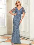 Gorgeous V Neck Leaf-Sequined Fishtail Party Dress – Dusty Navy