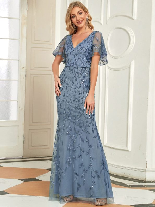 Gorgeous V Neck Leaf-Sequined Fishtail Party Dress - Dusty Navy