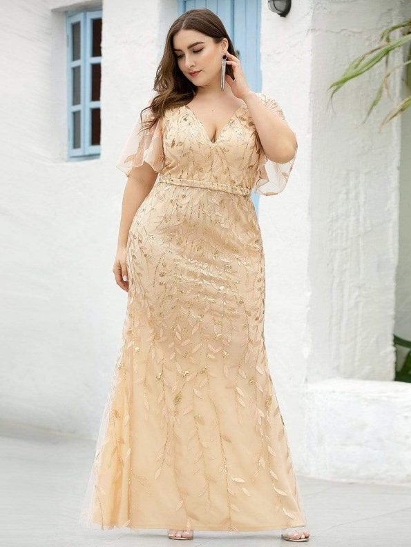 Fashion Plus Size V Neck Mermaid Sequin & Tulle Evening Dress - Gold