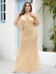 Fashion Plus Size V Neck Mermaid Sequin & Tulle Evening Dress – Gold