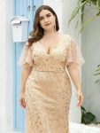 Fashion Plus Size V Neck Mermaid Sequin & Tulle Evening Dress – Gold