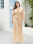 Fashion Plus Size V Neck Mermaid Sequin & Tulle Evening Dress – Gold