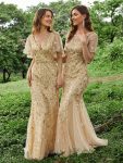 Gorgeous V Neck Leaf-Sequined Fishtail Party Dress – Gold