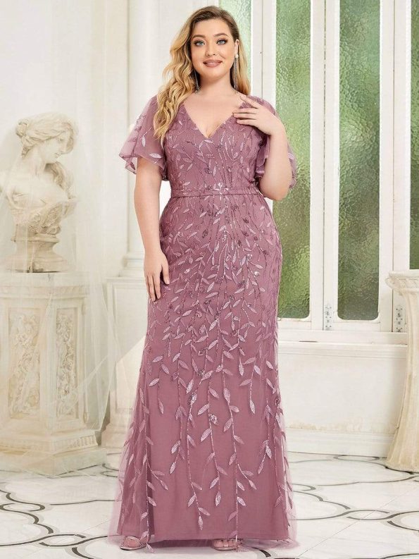 Fashion Plus Size V Neck Mermaid Sequin & Tulle Evening Dress - Purple Orchid