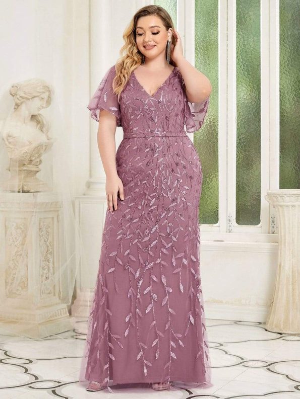 Fashion Plus Size V Neck Mermaid Sequin & Tulle Evening Dress - Purple Orchid