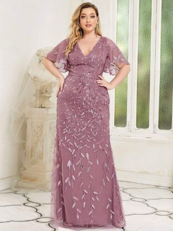 Fashion Plus Size V Neck Mermaid Sequin & Tulle Evening Dress - Purple Orchid