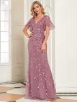 Gorgeous V Neck Leaf-Sequined Fishtail Party Dress – Purple Orchid