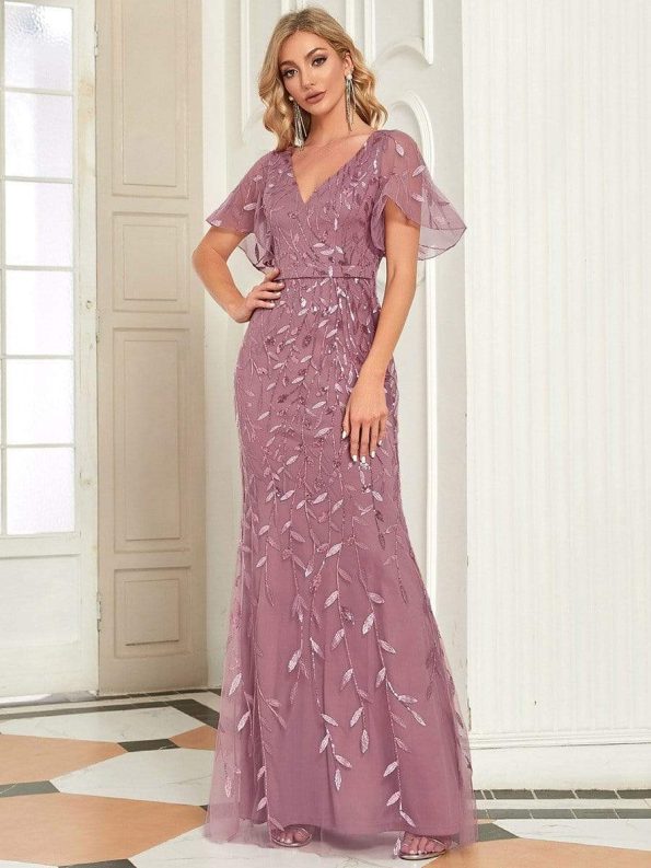 Gorgeous V Neck Leaf-Sequined Fishtail Party Dress - Purple Orchid