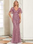 Gorgeous V Neck Leaf-Sequined Fishtail Party Dress – Purple Orchid