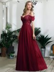 Cold Shoulder Sequin Bodice Long Tulle Bridesmaid Dress – Burgundy