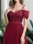 Cold Shoulder Sequin Bodice Long Tulle Bridesmaid Dress – Burgundy