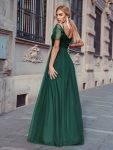 Cold Shoulder Sequin Bodice Long Tulle Bridesmaid Dress – Dark Green