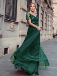 Cold Shoulder Sequin Bodice Long Tulle Bridesmaid Dress – Dark Green