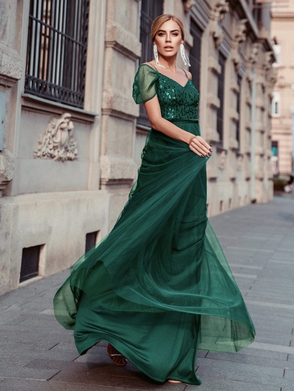 Cold Shoulder Sequin Bodice Long Tulle Bridesmaid Dress - Dark Green