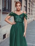 Cold Shoulder Sequin Bodice Long Tulle Bridesmaid Dress – Dark Green