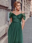 Cold Shoulder Sequin Bodice Long Tulle Bridesmaid Dress – Dark Green