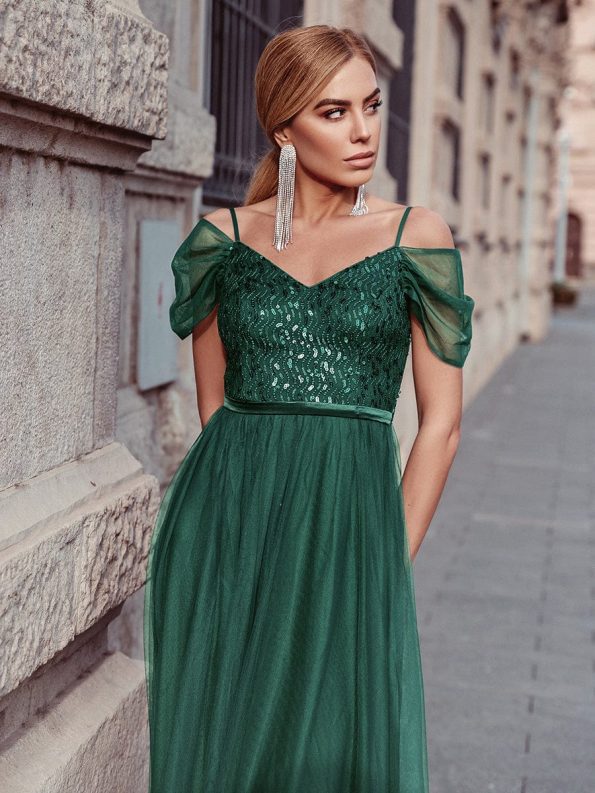 Cold Shoulder Sequin Bodice Long Tulle Bridesmaid Dress - Dark Green