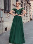 Cold Shoulder Sequin Bodice Long Tulle Bridesmaid Dress – Dark Green