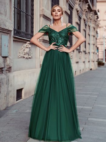 Cold Shoulder Sequin Bodice Long Tulle Bridesmaid Dress - Dark Green