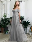 Cold Shoulder Sequin Bodice Long Tulle Bridesmaid Dress - Grey