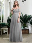 Cold Shoulder Sequin Bodice Long Tulle Bridesmaid Dress – Grey