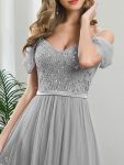 Cold Shoulder Sequin Bodice Long Tulle Bridesmaid Dress – Grey