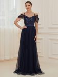 Cold Shoulder Sequin Bodice Long Tulle Bridesmaid Dress – Navy Blue