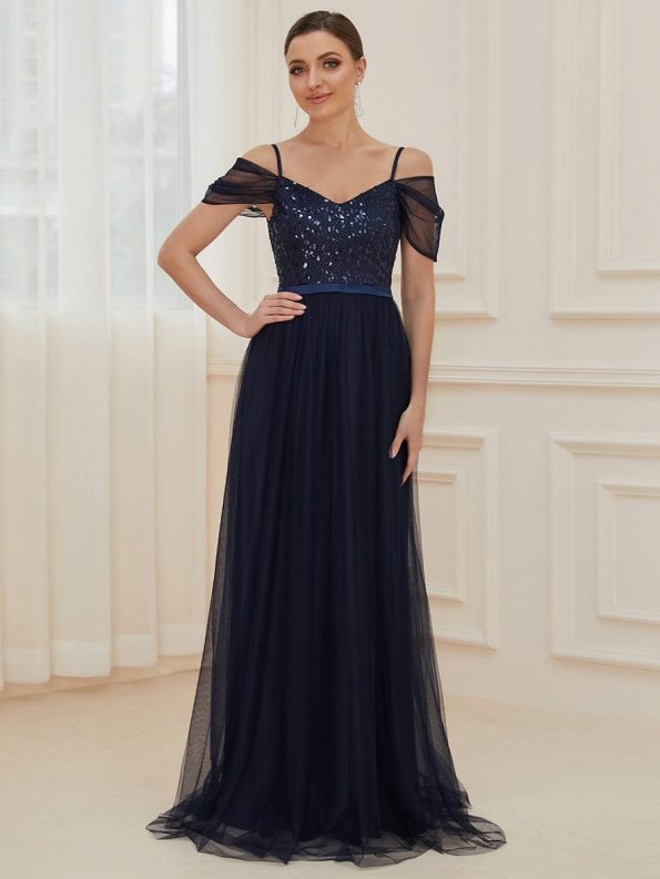 Cold Shoulder Sequin Bodice Long Tulle Bridesmaid Dress - Navy Blue