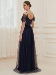 Cold Shoulder Sequin Bodice Long Tulle Bridesmaid Dress – Navy Blue