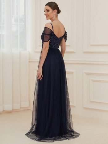 Cold Shoulder Sequin Bodice Long Tulle Bridesmaid Dress - Navy Blue