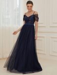 Cold Shoulder Sequin Bodice Long Tulle Bridesmaid Dress – Navy Blue