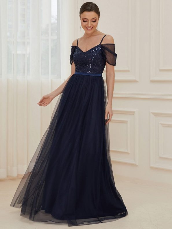 Cold Shoulder Sequin Bodice Long Tulle Bridesmaid Dress - Navy Blue