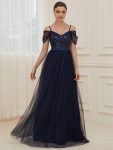 Cold Shoulder Sequin Bodice Long Tulle Bridesmaid Dress – Navy Blue