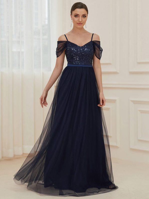 Cold Shoulder Sequin Bodice Long Tulle Bridesmaid Dress - Navy Blue