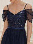 Cold Shoulder Sequin Bodice Long Tulle Bridesmaid Dress – Navy Blue