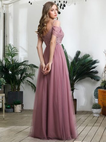 Cold Shoulder Sequin Bodice Long Tulle Bridesmaid Dress - Purple Orchid