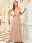 Cold Shoulder Sequin Bodice Long Tulle Bridesmaid Dress - Rose Gold