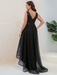 Fashion High-Low Deep V Neck Tulle Prom Dresses with Sequin Appliques – Black