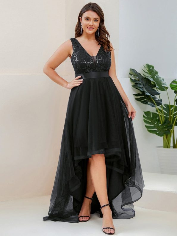 Fashion High-Low Deep V Neck Tulle Prom Dresses with Sequin Appliques - Black