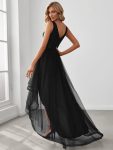 Fashion High-Low Deep V Neck Tulle Prom Dresses with Sequin Appliques – Black