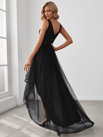 Fashion High-Low Deep V Neck Tulle Prom Dresses with Sequin Appliques - Black