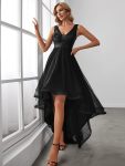 Fashion High-Low Deep V Neck Tulle Prom Dresses with Sequin Appliques – Black