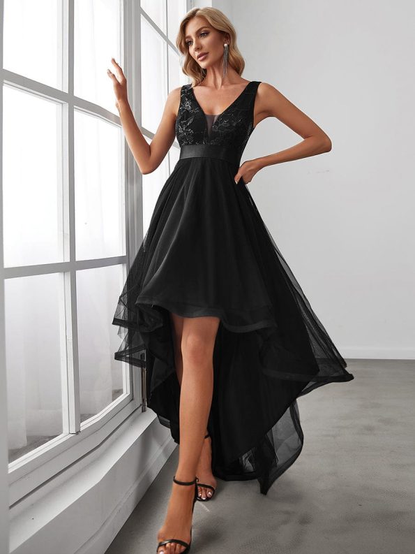 Fashion High-Low Deep V Neck Tulle Prom Dresses with Sequin Appliques - Black