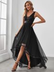 Fashion High-Low Deep V Neck Tulle Prom Dresses with Sequin Appliques – Black