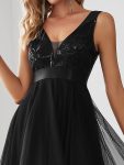 Fashion High-Low Deep V Neck Tulle Prom Dresses with Sequin Appliques – Black