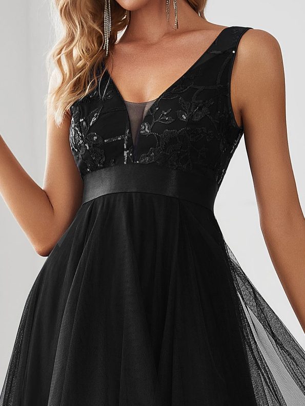 Fashion High-Low Deep V Neck Tulle Prom Dresses with Sequin Appliques - Black