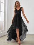 Fashion High-Low Deep V Neck Tulle Prom Dresses with Sequin Appliques – Black