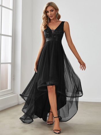 Fashion High-Low Deep V Neck Tulle Prom Dresses with Sequin Appliques - Black