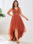 Sleeveless V-back Tulle High-Low Sequin Appliques Evening Dresses – Burnt Orange